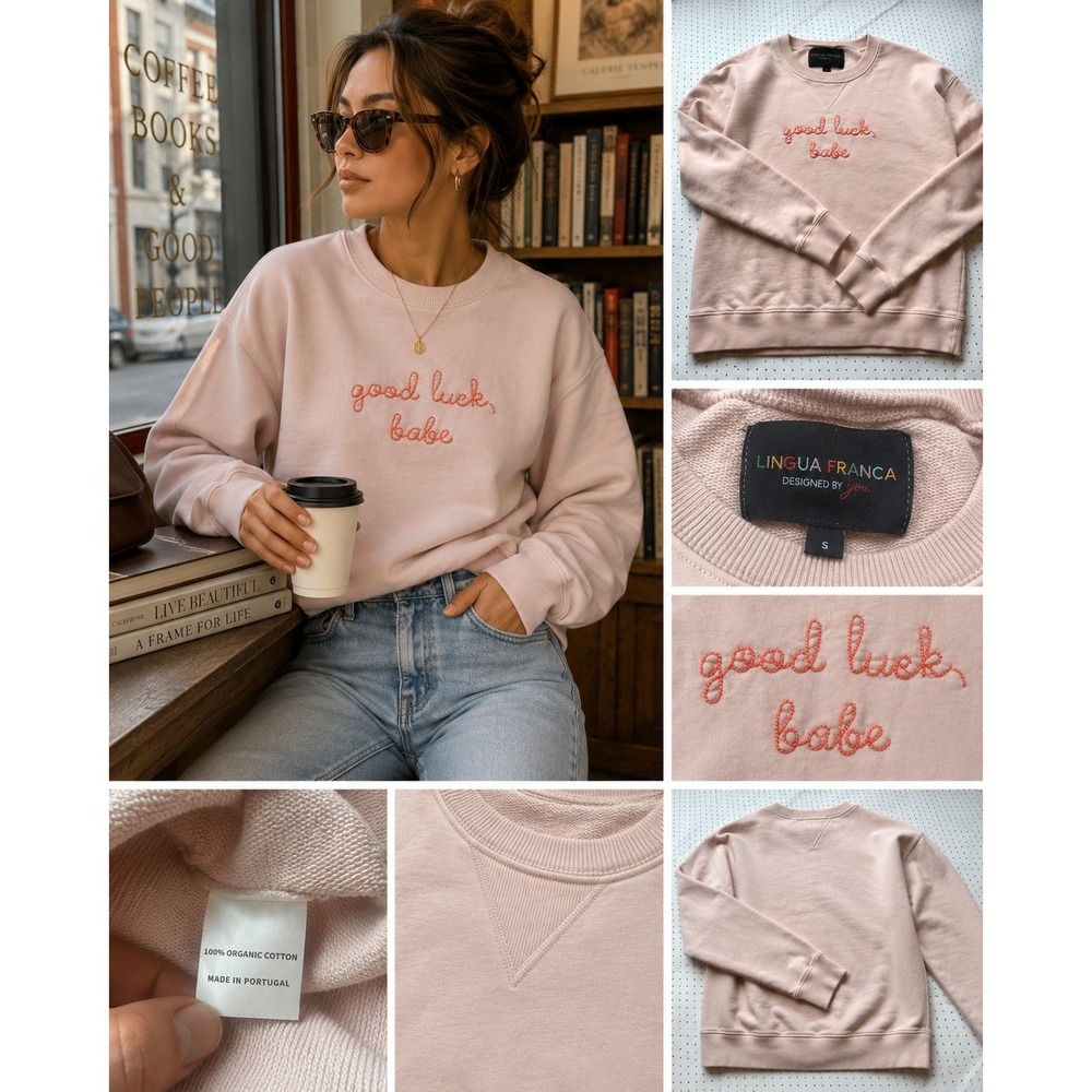 Lingua Franca Good Luck Babe Embroidered Sweatshirt S Pink Organic Cotton